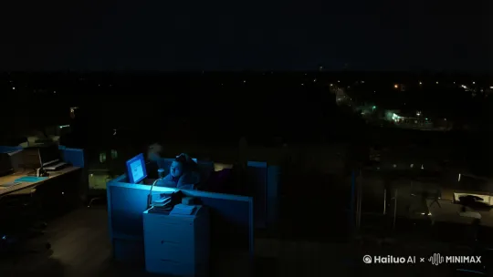 场景: 深夜办公室全景俯拍镜头，窗外漆黑只有零星路灯，镜头缓缓推进到工位
元素: 扎马尾女生趴在键盘前，电脑蓝光照亮疲惫的脸，咖啡杯飘着热气
细节: 特写电脑屏幕显示时间02:17，PPT进度条3/15页
特效: 屏幕蓝光在女生脸上闪烁，眼袋处添加动态阴影[左摇,变焦推进] by Hailuo AI Video Generator