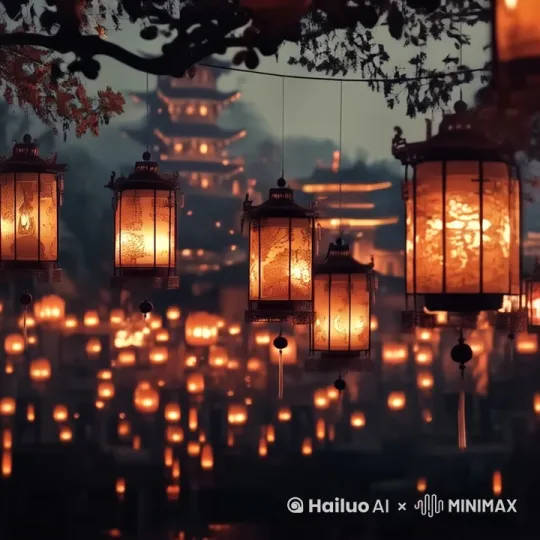 灯笼左右轻微摆动，背景燃放烟花 by Hailuo AI Video Generator