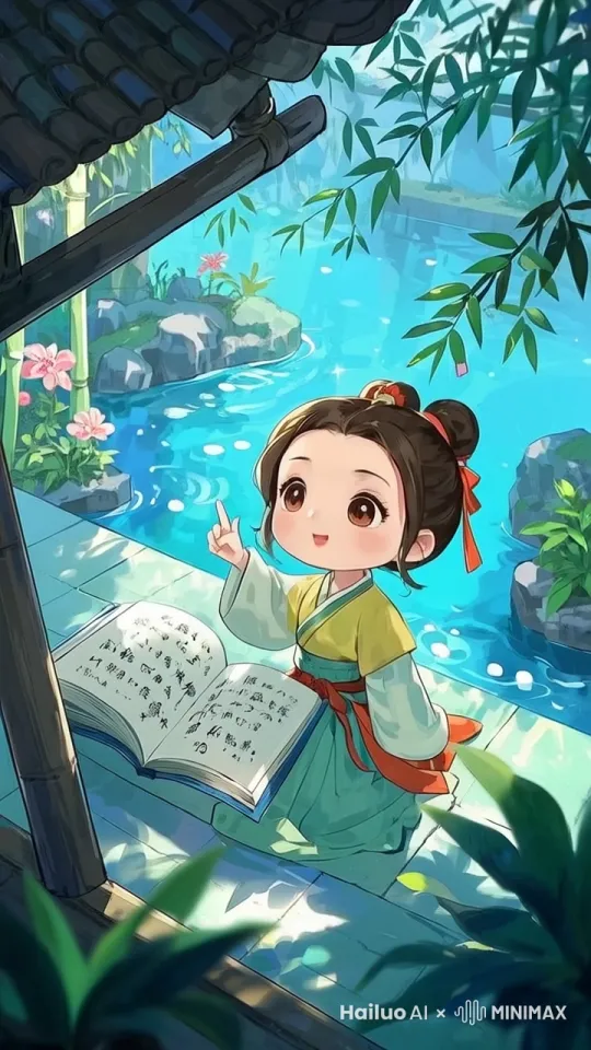 1.场景设置：首先，需要创建一个三维模型或二
维动画场景，忠实还原图片中的环境。包括竹
林、池塘、石板路和古风建筑等元素。
2.角色动画:小女孩的角色需要进行细致的动画
设计，包括她的表情、动作和服饰的动态效
果。她可以时而抬头望向远方,时而低头读
书，时而轻声吟诵诗句。
3.环境动画:池塘中的水波、竹林的摇曳、花草
的摆动等都需要动态效果，以增加画面的生动
感。可以加入一些细节，比如水中的鱼儿游
动、竹叶飘落等。
4.光线变化:根据一天中的不同时间，光线可以
有不同的变化。例如，早晨的阳光透过竹林洒 by Hailuo AI Video Generator