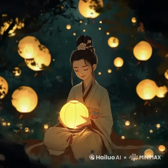 背景灯笼缓慢上升，主题灯笼缓慢上升，人物头部随灯笼同步抬头 by Hailuo AI Video Generator