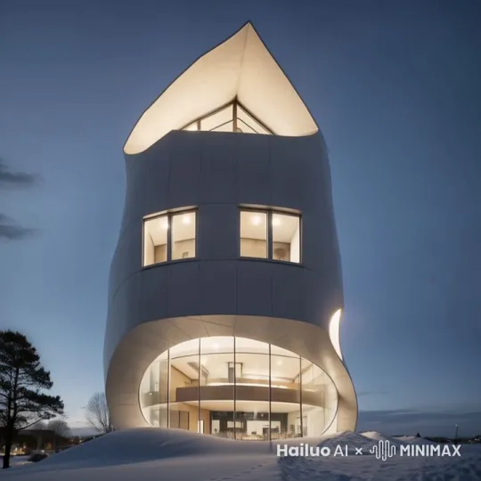 请以电影级运镜围绕建筑运镜，建筑背后展现小孩子打雪仗场景，突然镜头中出现一个大嘴怪，他的头很大，嘴巴也很大，牙齿参差不齐，把小孩子都吓跑了 by Hailuo AI Video Generator