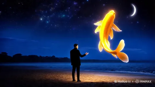这张图片充满了梦幻和奇幻的元素，以下是对图片的详细描述和分析：

1. **场景描述**：
   - **背景**：深蓝色的夜空，点缀着闪烁的星星和一弯明月。夜空深邃而宁静，给人一种神秘的感觉。
   - **地面**：沙滩在夜晚的光线下显得平静而宽广，反射出淡淡的光芒，与夜空形成鲜明对比。

2. **主要元素**：
   - **男子**：一个身穿深色衣服的男子站在沙滩上，面向锦鲤。他的姿态显得虔诚而专注，似乎在与锦鲤进行某种交流。
   - **锦鲤**：巨大的锦鲤悬浮在空中，周身闪耀着金色的光芒，鱼鳞在光线下显得格外耀眼。锦鲤的鱼鳍飘逸，仿佛在空中游动，给人一种灵动的感觉。

3. **光影效果**：
   - **光源**：锦鲤自身的光芒是主要的光源，照亮了周围的环境。金色的光芒与深蓝色的夜空形成强烈的对比，营造出一种奇幻的氛围。
   - **反射**：锦鲤的光芒在沙滩上投射出柔和的反射，增强了画面的层次感和立体感。

4. **情感表达**：
   - **人与自然的互动**：男子伸手朝向锦鲤，表现出一种人与自然和谐相处的美好愿景。这种互动传达出一种敬畏和向往的情感。
   - **梦幻与现实**：锦鲤的存在打破了现实的界限，带来了梦幻般的感觉，让人联想到童话故事中的场景。

5. **艺术风格**：
   - **超现实主义**：图片采用了超现实主义的艺术风格，通过夸张和不寻常的元素组合，创造出一个超越现实的幻想世界。
   - **色彩运用**：深蓝色与金色的对比运用，使得画面既富有冲击力又充满诗意。

总的来说，这张图片通过细腻的光影效果和奇幻的元素组合，成功地营造出一种梦幻般的氛围，给人以深刻的视觉和情感体验。 by Hailuo AI Video Generator