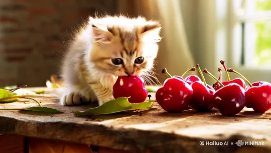 小猫咪在吃樱桃 by Hailuo AI Video Generator