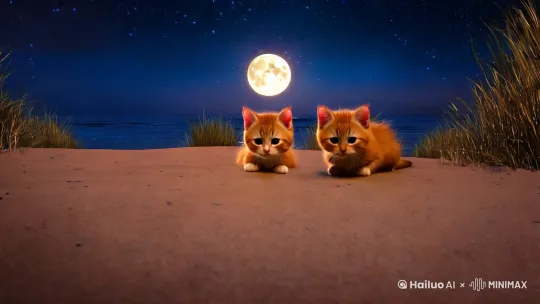 两只小猫在沙滩上看着大海上的明月升起，还有好多星星。给小猫们一点特写，视频尽量长一些。 by Hailuo AI Video Generator
