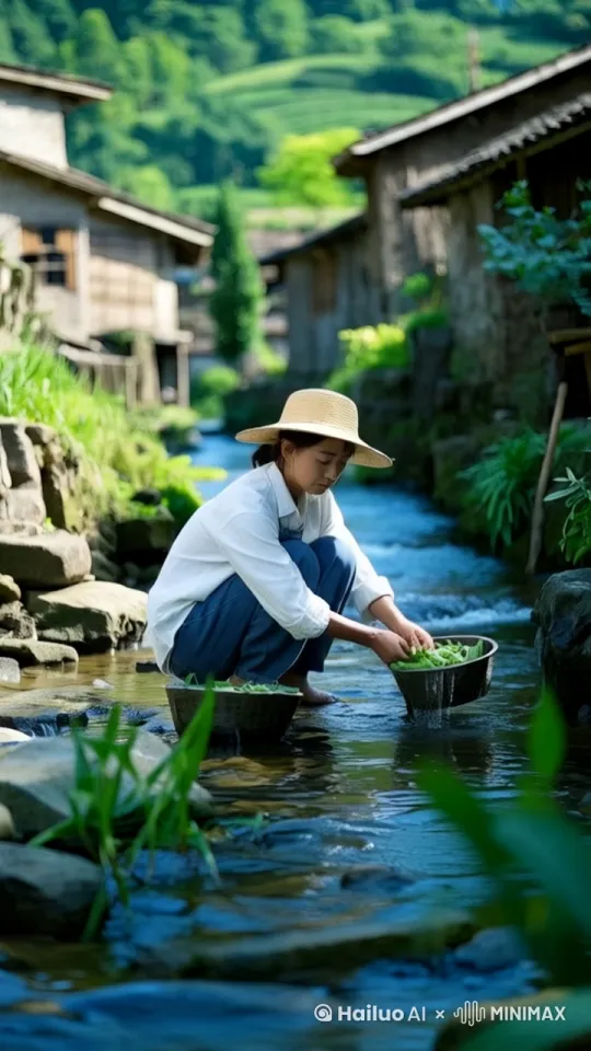 少女在洗菜，小河水在轻轻流动 by Hailuo AI Video Generator
