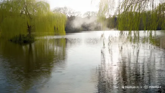 春风吹拂，柳条飘荡，湖水荡漾，反向词：动画、模糊、变形、毁容、低质量、拼贴、粒状、标志、抽象、插图、计算机生成、扭曲 by Hailuo AI Video Generator
