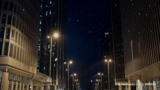 夜晚场景，街道两边是现代的建筑高楼，雪花纷纷扬扬的落下，昏黄的路灯光打在地面。 by Hailuo AI Video Generator