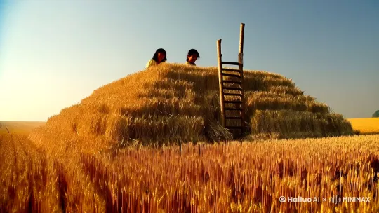 ## 麦秸垛上的童年
 
 麦场上的风裹着新麦的香气掠过鼻尖时，我总想起外婆家门前那座小山似的麦秸垛。垛顶被晒得金灿灿的，细碎的麦芒在阳光下闪着银光，像撒了把星星。我和表弟总爱踩着木梯爬上去，棉布衣裳沾满麦秸，在松软的垛顶挖出个秘密基地。蝉鸣声里，我们枕着麦香午睡，衣兜里还揣着偷摘的青杏，酸涩的汁水在梦里都是甜的。
 
 村口的老槐树是天然的时钟。晨雾未散时，树影里浮动着背竹篓的乡亲，沾着露水的野菜在篾条间簌簌作响。正午树影缩成铜钱大的光斑，铁匠铺叮当声里飘来葱花烙饼的焦香。我最爱黄昏时分，看放牛娃甩着柳条赶牛归家，牛铃铛在暮色中荡出涟漪，惊起芦苇丛里成群的蜻蜓。
 
 灶屋的土墙上还留着我的身高刻痕。腊月蒸年糕时，水汽在玻璃窗上凝成溪流，我用手指画出歪扭的小船。外公把冒着热气的搪瓷缸递给我，红糖姜茶的暖意从掌心漫到脚底。那些在油灯下听来的狐仙故事，让夜归时田埂上的每丛狗尾草都藏着精怪，吓得我们攥紧彼此汗津津的手，却又忍不住咯咯笑出声。
 
 如今柏油路取代了田埂，无人机在麦田上空盘旋。但每逢槐花落雪的时节，记忆总会突然鲜活——我看见自己光着脚丫跑过晒谷场，碎石子硌着脚心，风鼓起的确良衬衫像面白帆，朝着永远湛蓝的童年夏日驶去。 by Hailuo AI Video Generator