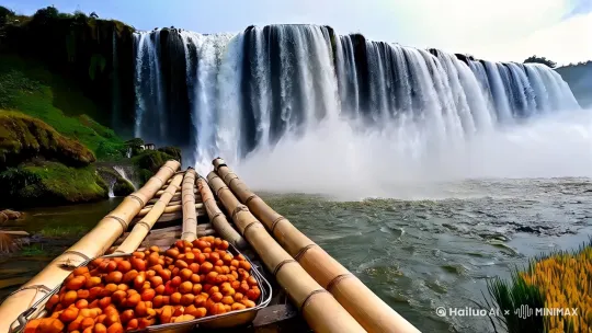 ### 场景1：瀑布奇迹

**镜头描述**：
- **低空航拍瀑布全景**：镜头从高空缓缓下降，展示瀑布的全貌，水流从高处倾泻而下，气势磅礴。
- **竹筏上游客伸手触水的第一视角**：镜头切换到竹筏上，游客伸手触摸水流，水花四溅，感受到水流的清凉和力量。
- **中越商贩同框对比（越南咖啡vs广西桂圆干）**：镜头定格在中越边境的商贩摊位上，一边是越南咖啡的浓郁香气，另一边是广西桂圆干的甜美气息，形成鲜明对比。

**文本**：
_“每秒30吨水流倾泻而下，一艘竹筏跨越两国，这里连水雾都带着国际范儿。”_

### 场景2：稻田疗愈

**镜头描述**：
- **延时摄影云层掠过稻田**：镜头缓慢移动，云层在稻田上空缓缓飘过，阳光洒在金黄的稻穗上，形成美丽的光影。
- **跟拍自行车铃铛声由近及远**：镜头跟随一辆自行车，铃铛声由近及远，骑行者在田间小路上悠然自得。
- **慢动作收拢油纸伞**：镜头以慢动作展示一位行人收拢油纸伞，伞面上的图案在阳光下熠熠生辉。

**文本**：
_“骑行在明仕的田园诗里，连风都带着稻穗的清甜，时间？在这儿只是个形容词。”_

### 场景3：味觉冒险

**镜头描述**：
- **酸嘢摊主快速切芒果特写**：镜头聚焦在摊主的手上，快速切着新鲜的芒果，刀光闪烁，果肉鲜嫩。
- **食客咬下瞬间眯眼表情**：镜头捕捉到食客咬下酸嘢的瞬间，酸辣的味道让他眯起眼睛，露出满足的表情。
- **烤猪眼爆浆慢镜头**：镜头以慢动作展示烤猪眼在火上烤制，油脂慢慢渗出，最终爆浆的画面，令人垂涎欲滴。

**文本**：
_“酸辣野性的‘水果叛逆吃法’，胆大者的暗黑烧烤...崇左的味道，从不大路货。”_

### 场景4：隐世之宿

**镜头描述**：
- **从星空摇向丽世别墅暖光窗景**：镜头从璀璨的星空缓缓摇下，聚焦在丽世别墅的暖光窗景上，温馨而宁静。
- **服务员用壮锦托盘端上晚安甜汤**：镜头展示服务员用精美的壮锦托盘端上一碗晚安甜汤，体现出当地的文化特色和酒店的贴心服务。

**文本**：
_“当全球顶尖度假品牌遇见喀斯特地貌，荒野与奢华的碰撞，今晚梦也带着壮乡温度。”_

这些场景通过镜头语言和文本描述，展现了崇左的自然美景、田园风光、独特美食和奢华住宿，带给观众一种身临其境的体验。 by Hailuo AI Video Generator