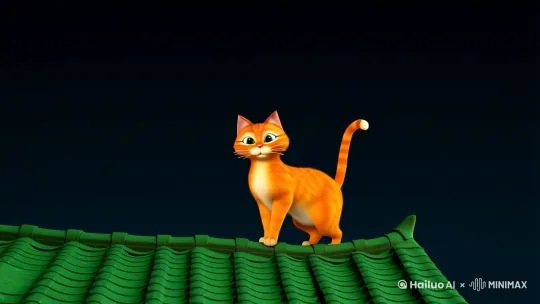 夜幕下，一只橘猫蹲在青瓦屋顶，尾巴轻摆。突然“咻——”的一声，金色烟花在它头顶绽开，猫耳猛地向后缩，瞳孔映出漫天红紫光点。镜头拉远，城市夜空已被烟花照亮，背景响起《恭喜恭喜》的童声合唱。 by Hailuo AI Video Generator