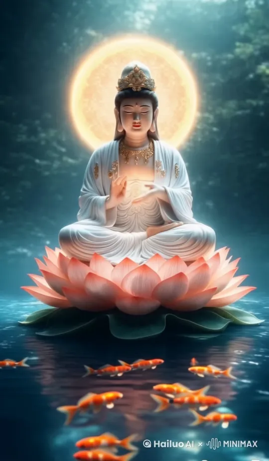 观音菩萨在莲花池中，面前池中的金鱼在游动，观音菩萨背后的金光在变亮，背景的树影闪闪发光，菩萨双手缓缓合十。要求真实，动作缓慢流畅。 by Hailuo AI Video Generator