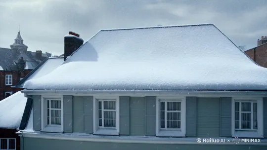 小雨下着下着就变成下雪，雪越来越大，把屋顶都压塔了 by Hailuo AI Video Generator