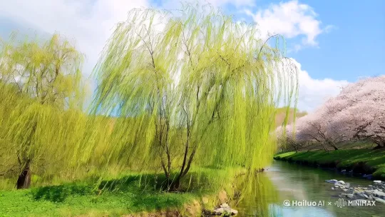 
柳枝挠痒了发呆的云，溪水偷走鞋底的倒影。拐角遇见啃野莓的松鼠，对视三秒达成"我没看见你偷吃"的默契。春天把惊喜藏在每个转身处，连迷路都是遇见桃花源的暗号 by Hailuo AI Video Generator