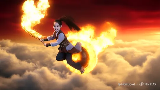 在空中脚踏风火轮，手持火尖枪，大战化形人身手持魔刀的魔龙 by Hailuo AI Video Generator