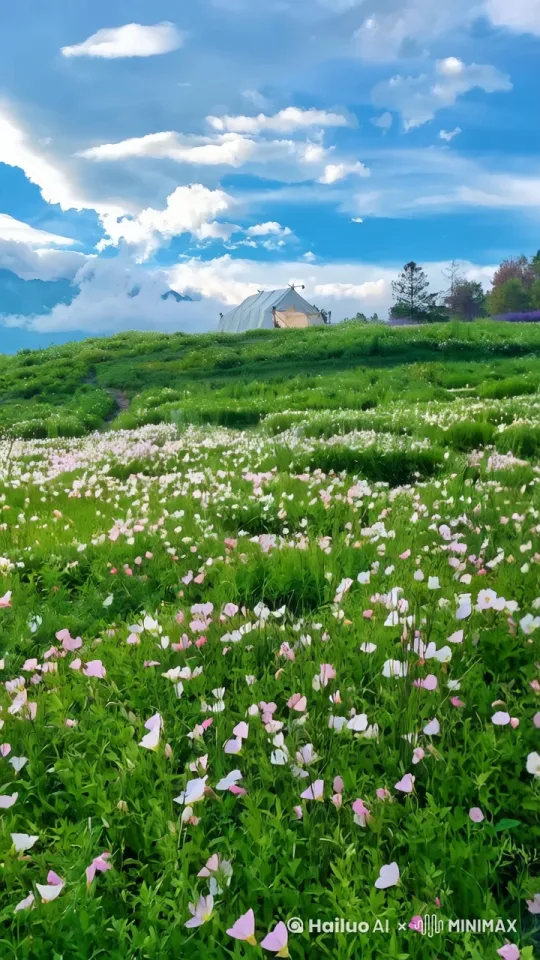 一片无边无际的花海在风中轻轻摇曳,花海里的花朵层层叠叠,随风起伏,仿佛一片流动的海洋。风掠过时,花茎轻轻弯下腰,又缓缓直起,花瓣随风飘扬,像无数蝴蝶在空中飞舞。阳光穿过薄如蝉翼的花瓣,洒下斑驳的光影,随着风的节奏在地面上跳跃。远处,花浪一波接一波涌来,花茎相碰发出沙沙的轻响,与风声交织成自然的乐章。整个场景充满生机与灵动,仿佛时间在这一刻静止,只剩下花与风的共舞。 by Hailuo AI Video Generator