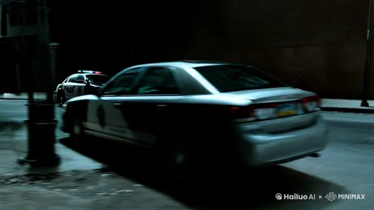 [右移,左摇,跟随]警车撞毁一辆路边汽车，摩托车在远处继续疾驰 by Hailuo AI Video Generator