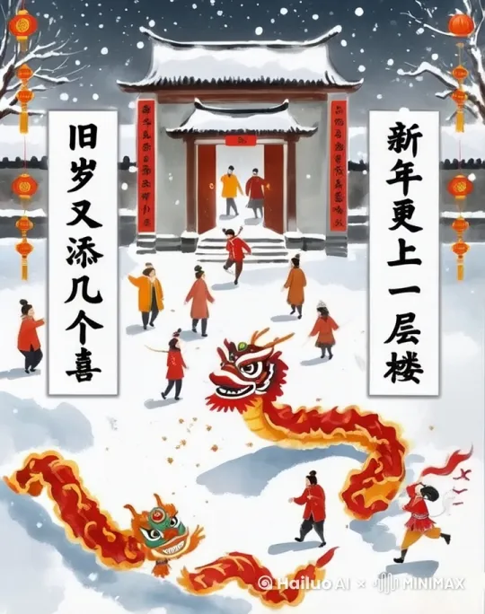 过年的气氛，人们在扭秧歌，放鞭炮，挂灯笼，喜气洋洋，舞龙 by Hailuo AI Video Generator