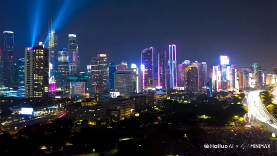 <video_prompt>
<scene>城市夜景</scene>
<elements>
<element>航拍俯瞰全景</element>
<element>标志性建筑灯光</element>
<element>车流光轨</element>
<element>人群流动</element>
<element>霓虹灯广告</element>
</elements>
<mood>震撼、现代、繁华</mood>
<style>
<color_scheme>冷色调为主,暖色调灯光点缀</color_scheme>
<motion>动态流畅</motion>
<atmosphere>未来感</atmosphere>
</style>
<duration>10秒</duration>
</video_prompt> by Hailuo AI Video Generator