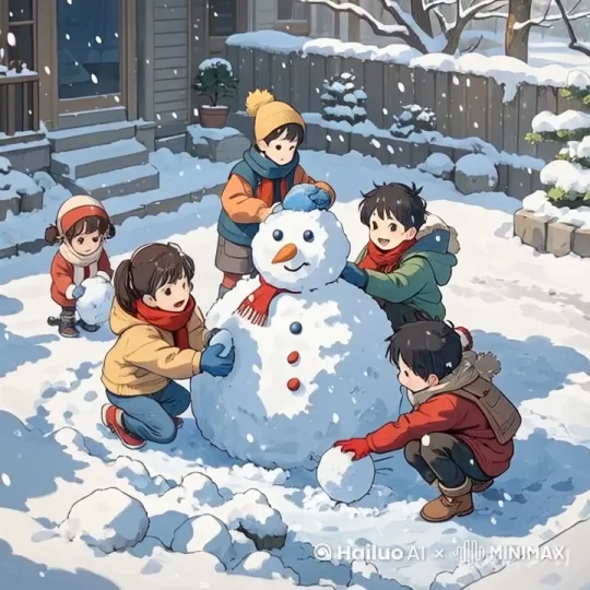 天空飘着雪花，一群孩子在宽阔的院子里堆雪人，孩子们跑来跑去，很开心 by Hailuo AI Video Generator