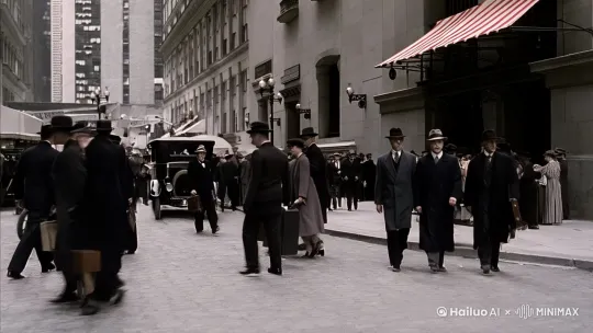 1910年紐約證券交易所大街車水馬龍 一個拿著皮包的人帶著禮帽走下汽車，走進交易所大樓 by Hailuo AI Video Generator