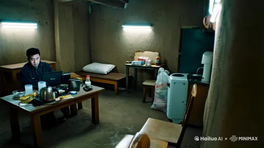 一个炼铁厂检修工人在自己的出租屋内用手提电脑看视频,出租屋是农民房,一室一厅一厨房,厅里只有基本的照明光管,两张桌子两张靠墙的椅子,其中一张三人长椅子,围着厅中间的一张四方桌子,另外一张四方桌子放在靠墙的角落,上面摆放着一瓶酱油一包盐还有一些纸皮,纸皮上放着一个热得快,桌上最角落放着一个塑料袋,里面塞满了其他空的塑料袋。厅中间的桌子放着很多杂物,有那台笔记本,有烧水壶,有圆柱形的水杯,有充电宝,卷尺,烟和火机,烟灰缸,有电拖把线排插,排插上插着手提电脑充电器,水壶线。他就坐在那条长椅子上看视频。 by Hailuo AI Video Generator