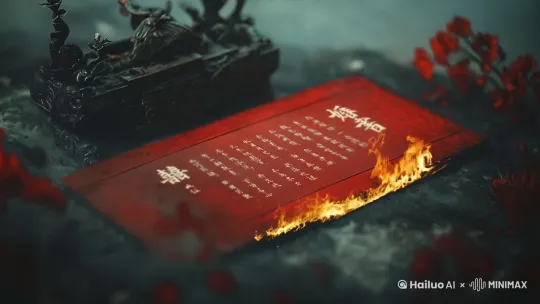 固定镜头，中间的红色纸张开始缓慢燃烧，烧成一堆黑色的灰烬。 by Hailuo AI Video Generator