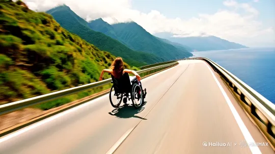 一段超速POV镜头：摄像机疾驰穿越一条壮美的沿海公路，一边是翠绿的青山，一边是蔚蓝的大海，镜头紧跟着一个在空中飞行的坐着轮椅的女子的背影，她身体展开双臂，分吹动她的头发和衣服，悬空飞行，一开始在公路上飞，最后冲向了海洋，细节，杰作，8K[推进,上升] by Hailuo AI Video Generator