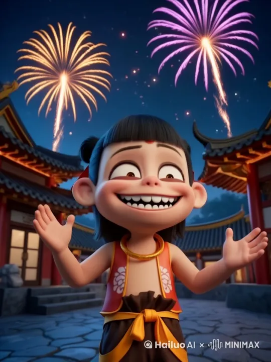 夜空下中式庭院，红灯笼朦胧。哪吒身着红肚兜，笑容灿烂，双手缓缓抬起张开，身后烟花静静绽放。天空中，几朵烟花缓缓绽放，光芒映在哪吒脸上，画面洋溢节日氛围。动作幅度小 by Hailuo AI Video Generator