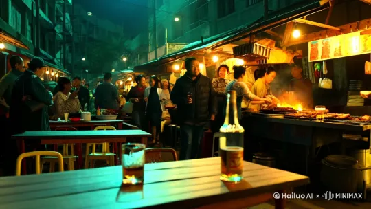 场景：夜晚的大排档，昏黄的灯光洒在木质桌椅上，周围飘散着烧烤和啤酒的味道。
 
人物：一位年轻、美丽的中国女性，精致的妆容，略带疲惫感，眼神中透出一丝悲伤。
 
动作：  
- 独自坐在大排档的桌子前，面前放着一杯白酒一个和空酒瓶。  
- 低头看着酒杯，眼神空洞。  
- 轻轻举起酒杯，抿了一口白酒，眉头微皱。  
- 整理头发，显得无助。  
- 抬头望向远处的夜空或街道，眼神悲伤。  
- 轻轻叹气，用手撑着额头，显得疲惫不堪。
 
镜头安排：  
- 开场：广角镜头展示大档排的整体环境，镜头缓缓推进至女主面前的酒杯。  
- 主体：中景展现女主的低落情绪，特写捕捉表情细节。  
- 结尾：长镜头拉远，画面渐暗。
 
氛围：热闹与孤独的对比，悲伤、无助。 by Hailuo AI Video Generator