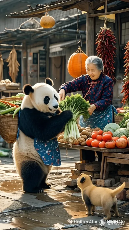 熊猫手中的菜掉在地上，被黄狗叼走。 by Hailuo AI Video Generator