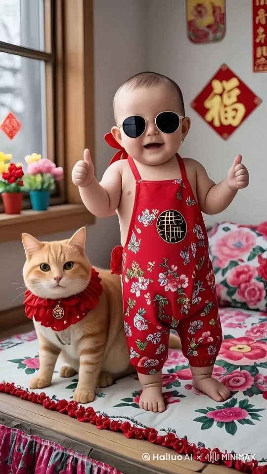 娃娃开心的手舞足蹈，摇头晃脑摇摆身体再跳一段非常激情的舞蹈，猫咪也跟随娃娃的节奏站起来一起摇摆他们哈哈大笑，最后他们拥抱互相拍着后背。 by Hailuo AI Video Generator