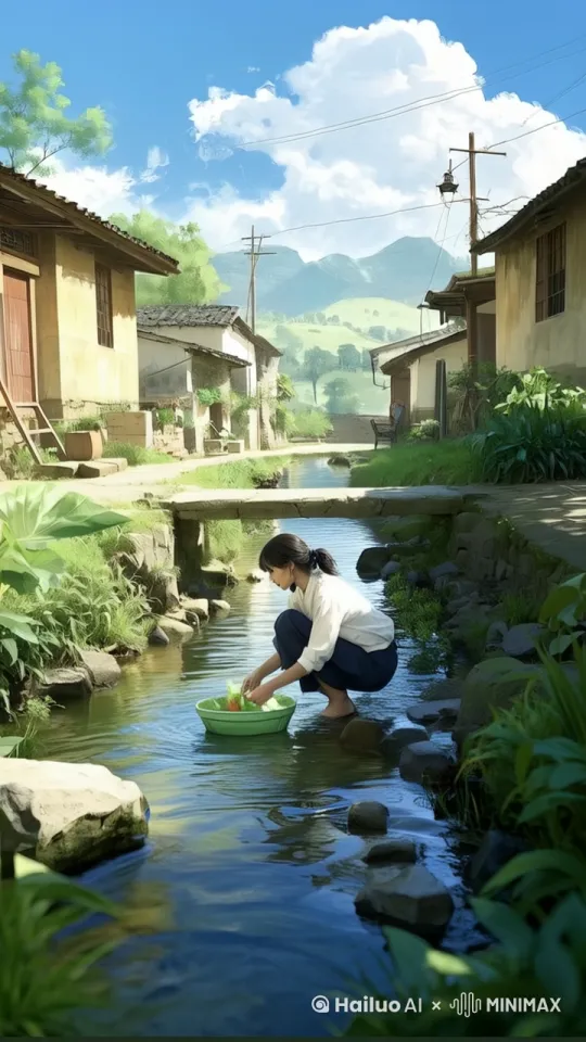 :女子正在洗菜，小溪很自然的流动 by Hailuo AI Video Generator