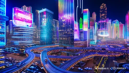 你站在一座名为“夜之城”的未来都市中，这座城市是科技与混乱的完美结合。天空中漂浮着巨大的广告牌，闪烁着刺眼的霓虹灯光，将整个城市笼罩在一片不真实的色彩中
1
2
。高楼大厦如同钢铁森林般拔地而起，摩天大楼之间悬挂着错综复杂的空中走廊和交通管道，仿佛一座巨大的立体迷宫
1
3
。 by Hailuo AI Video Generator