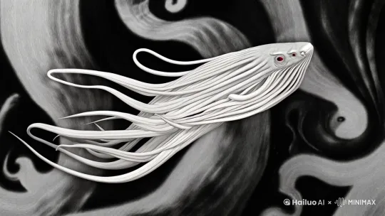 一只10爪的鱿鱼，水墨风格，在画里游泳，眼睛为红色 by Hailuo AI Video Generator
