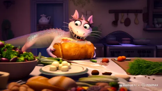 画一只奶龙在偷吃月半猫的鸡肉卷 by Hailuo AI Video Generator