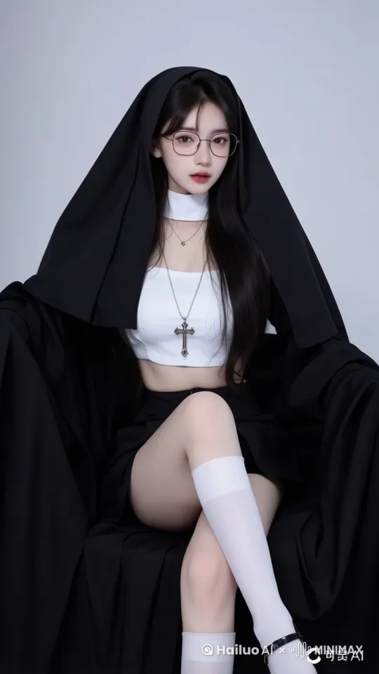 双腿交叉坐着的修女风美女，身体微微前倾，眼神带有探寻感。正在缓缓起身的性感修女，黑色长袍自然摆动，发丝飘动。轻抬手臂整理头巾，微微歪头，带着俏皮神态的修女装扮美女，白色长袜随动作有细微褶皱。 by Hailuo AI Video Generator