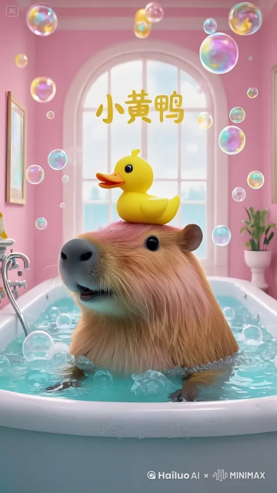 家人们，精彩瞬间来啦！镜头里，粉色浴室温馨满满，卡皮巴拉“扑通”一声跳进浴缸，水花四溅 。紧接着，它惬意地待在浴缸里，小爪子轻轻拨弄着泡泡，玩得不亦乐乎。玩着玩着，它突然歪头看向头顶的小黄鸭，那呆萌的小眼神，好像在和小黄鸭亲密唠嗑。这一连串可爱的动作，谁能不被萌化？ by Hailuo AI Video Generator