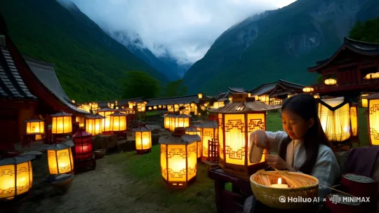 在大山深处，有个叫灯影村的地方，这儿的人世代以制灯为生，手艺精湛，所制花灯精美绝伦。村里最有名的制灯人，当属阿福和他的女儿小莲。
 
阿福的手艺出神入化，经他手做出的花灯，每一盏都仿佛有了灵魂。小莲自幼跟随父亲学习制灯，心灵手巧，对制灯也有着独特的见解。然而，随着外面世界的变化，机器制作的花灯涌入市场，价格低廉，灯影村的手工花灯渐渐没了销路，村民们的生活陷入困境。
 
一天夜里，小莲做了个怪梦，梦里一位白胡子老爷爷告诉她，村后那座被云雾常年笼罩的险峻高山上，生长着一种神奇的发光草，若用它来制作花灯，定能大放异彩。小莲醒来后，决定去山上寻找发光草。阿福虽担心女儿，但拗不过小莲的坚持，只好为她准备行囊，叮嘱她万事小心。
 
小莲踏上了未知的旅程，一路上荆棘丛生，山路崎岖难行。她遭遇了凶猛的野兽，险些被抓伤；又碰上了突如其来的暴雨，浑身湿透，狼狈不堪。可这些困难都没能阻挡她前进的脚步。
 
终于，在山顶一处隐蔽的山谷中，小莲发现了发光草。就在她满心欢喜准备采摘时，一条巨大的蟒蛇突然窜出，拦住了她的去路。蟒蛇吐着信子，眼神凶狠，小莲吓得双腿发软，但一想到村子的未来，她鼓起勇气，与蟒蛇对峙。就在蟒蛇准备攻击时，阿福及时赶到。原来，阿福放心不下女儿，悄悄跟了上来。父女俩齐心协力，与蟒蛇展开了一场激烈的搏斗。最终，他们成功击退蟒蛇，采到了发光草。
 
回到村子后，阿福和小莲将发光草融入花灯制作，制成的花灯在夜晚散发出柔和而迷人的光芒，如梦如幻。消息传开，吸引了众多游客前来购买，灯影村又恢复了往日的热闹与生机。村民们纷纷效仿，用发光草制作花灯，靠着这门独特的手艺，过上了富足的生活 by Hailuo AI Video Generator