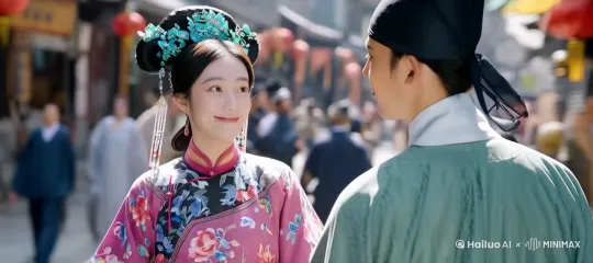 在南宋临安府繁华闹市区，一对互相暗生情愫的男女相遇，美女走来，发现书生，便站住，目光含情，要有电影感。镜头同从左向右缓缓环绕。 by Hailuo AI Video Generator