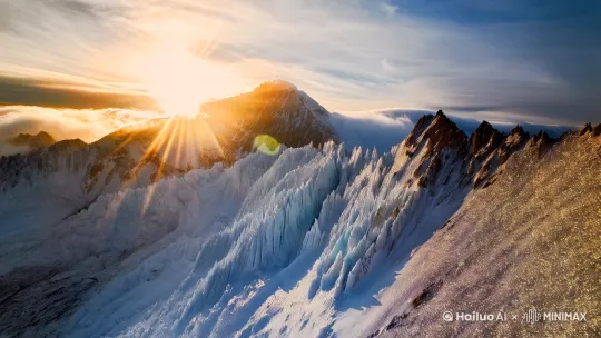 【镜头1：日照金山全景】"Aerial view of Jade Dragon Snow Mountain at magic hour, 12K HDR capture, diamond dust glittering in alpine air, sun rays piercing through lenticular clouds, glacier peaks glowing with golden rim light"（航拍玉龙雪山黄金时刻，12K HDR捕捉，冰晶尘在高原空气中闪烁，阳光穿透荚状云层，冰川峰顶镶金边）

【镜头2：冰川纹理推进】"Dynamic dolly zoom along serrated ridgeline, macro reveal of ice crystals fractal patterns, sunstar effect through 16-blade aperture, IMAX-level hyper-detailed snow textures"（沿锯齿状山脊动态变焦推进，微距展现冰晶分形结构，16叶片光圈太阳星芒效果，IMAX级雪纹细节）

【镜头3：信仰元素点睛】"Prayer flags whipping in katabatic wind, 1000fps phantom slowmo capturing fabric dynamics, Tibetan mastiff silhouette gazing at sacred peaks, subtle lens breathing effect"（经幡在下降风中翻卷，1000帧超慢速捕捉织物动态，藏獒剪影凝望神山，微妙镜头呼吸效应）

技术参数后缀："--ar 9:16 --v 6.0 --style raw --video 11s --motion 4 --temperature 6500K"（竖屏/版本6/原生风格/11秒视频/动态强度4/色温6500K） by Hailuo AI Video Generator