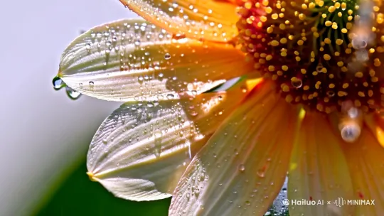「慢动作 | 花瓣被雨滴击穿瞬间 | 飞溅的碎片悬浮空中 | 冷色调暴雨与暖色花瓣对比」 by Hailuo AI Video Generator