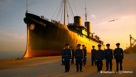 1910年，天津港口，清朝鐵甲艦海龍號準備出訪，艦長李準和副官等人站在艦首，看見一輛汽車開了過來，霞光照著軍艦。有海軍排隊上艦，海鳥飛過 by Hailuo AI Video Generator