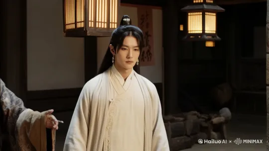 中式古风，真人写实，男性，俊俏书生面容，身着月白袍子，玉簪束发，全景，镜头展示许新年和狱卒走向牢房。 by Hailuo AI Video Generator