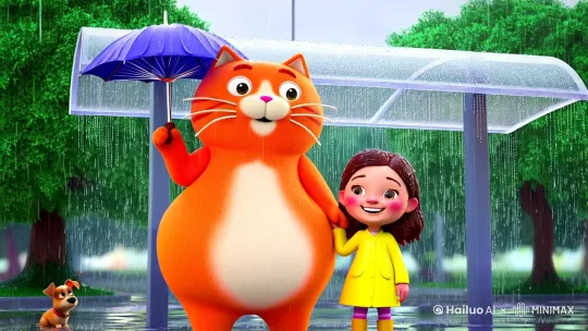 绘图指令
 
On a rainy day, a plump orange cat stands at the bus stop, holding an umbrella to shield a young girl from the rain. The cat has a friendly, slightly mischievous expression, its bright eyes focused on the girl. Its fur is sleek from the dampness in the air, and it grips the umbrella handle tightly with its paw. The girl, wearing a bright yellow raincoat and matching boots, looks up at the cat with a big smile, her cheeks rosy.
 
Raindrops cascade down in a steady rhythm, creating a blurry, silver - gray curtain in the background. The bus stop is a simple structure with a transparent plastic roof, water dripping from its edges. Puddles have formed on the ground, reflecting the overcast sky and the figures of the cat and the girl. A small, wet dog is sitting nearby, looking up at them curiously. The surrounding trees are lush and green, their leaves glistening with raindrops. --ar 16:9 --s 1000 --v 5.2
 
模拟摄影参数
 
- 焦距：50mm
- 解析：50mm焦距接近人眼视角，能真实自然地呈现大橘猫、小女孩以及公交站台场景，不过分夸张或压缩画面元素之间的空间关系，让观众产生身临其境之感。
- 光圈：f/2.8
- 解析：此光圈设置可营造浅景深效果，将焦点清晰地落在大橘猫和小女孩身上，使背景的雨幕、公交站台及周围环境适度虚化，突出主体，增强画面的故事感与层次感。
- 快门速度：1/200s
- 解析：下雨天光线较暗，且雨滴处于动态，这个快门速度能保证在适当进光量的同时，清晰定格雨滴落下的瞬间以及大橘猫和小女孩的姿态，避免画面模糊。
- ISO：400
- 解析：由于雨天光线条件不佳，适当提高ISO到400，可增加相机对光线的敏感度，确保画面获得足够亮度，同时控制噪点在可接受范围内，保证画面质量。 by Hailuo AI Video Generator