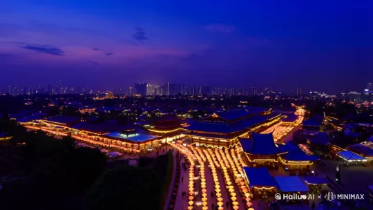 暮色初临（远景）画面中，俯瞰那古风夜市，千万盏花灯渐次点亮，犹如星河落地，璀璨夺目。背景是逐渐暗下来的天空，呈现出深邃的蓝紫色。光影是柔和的暖光与渐暗的自然光交织，营造出神秘而迷人的氛围。采用超写实风格，使用佳能 EOS R5 相机，光圈 f/4.0，快门速度 1/80 秒，搭配广角镜头拍摄。8K 电影画质，采用中心构图。 by Hailuo AI Video Generator
