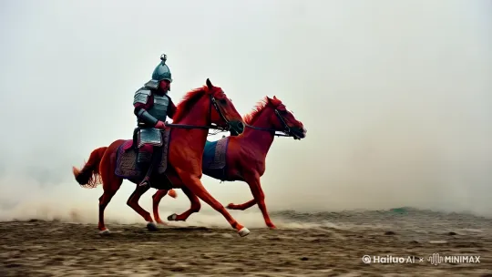 中国古代冷兵器战场上的吕布和赤兔马勇猛冲杀[右移,跟随] by Hailuo AI Video Generator