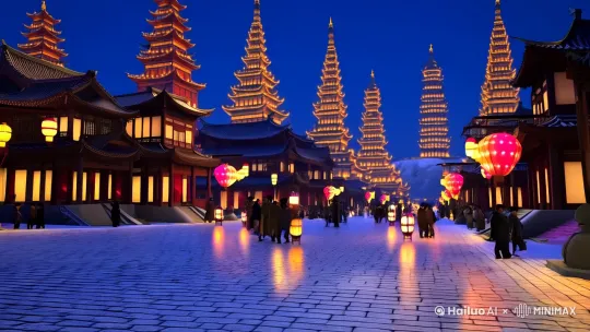 1. 灯火如昼，千门夜开
宵禁制度下，平日入夜后坊门紧闭，唯上元节（元宵节）等佳节例外——全城解除宵禁三日，“火树银花合，星桥铁锁开”（苏味道诗）。朱雀大街两侧，贵族府邸悬挂琉璃灯、丝帛灯，佛寺浮屠燃起长明灯烛，东西二市商铺彻夜张灯，胡商摊贩挑着骆驼灯沿街叫卖，整座长安城恍如银河倾落人间。

2. 胡风汉韵，市井喧嚣
西市胡肆：波斯珠宝店、粟特酒肆灯火通明，卷发深目的胡姬跳着柘枝舞，琵琶与筚篥声中，诗人李白掷金换酒，醉吟“胡姬貌如花，当垆笑春风”。

东市百戏：傀儡戏、吞刀吐火的杂技围满人群，茶楼里说书人讲述《李娃传》，药铺挑灯炮制“阿胶”，绸缎庄的蜀锦映着烛光流转如霞。

3. 曲江夜宴，诗酒风流
皇家禁苑曲江池畔，达官显贵乘画舫夜游，船头歌伎轻唱《霓裳羽衣曲》，水面倒映着芙蓉园的亭台灯火。岸边新科进士们簪花游宴，挥毫题壁，白居易或许正写下“灯火家家市，笙歌处处楼”；平民百姓则聚于乐游原，孩童手执竹马灯追逐嬉闹，远处大雁塔的铜铃随风轻响。

4. 丝路驼铃，夜行商队
城门宵禁虽严，但持有“过所”（通行证）的商队仍可夜行。驼铃声从金光门隐约传来，满载西域琉璃、印度香料的商队穿行于夜色，准备黎明前抵达西市开张。波斯邸店中，商人们用萨珊银币结算账目，粟特文书吏就着油灯记录货单。

5. 夜漏更深，人间烟火
更深时分，坊间小巷依然飘散着烟火气：

夜市小吃：炼炭炉上烤着“古楼子”（羊肉胡饼），担郎叫卖“杏酪粥”，酒肆里温着新丰酒，佐以“切鲙”（生鱼片）。

夜归众生：青衫小吏夹着公文匆匆返家，醉倒街头的诗人被坊卒扶上驴背，更夫敲梆报时，道观檐角的风铎与佛寺钟声交织成韵。

[左移,上升] by Hailuo AI Video Generator