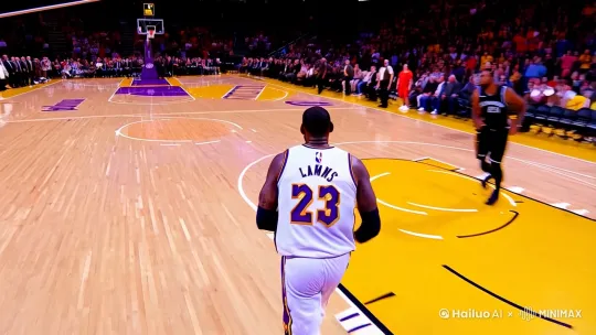 NBA球星，勒布朗詹姆斯，在湖人主场，身穿23号湖人白色球衣，在快攻下，完成战斧劈扣！ by Hailuo AI Video Generator