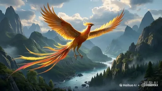 凤凰从画面前动作灵动自然的飞过，镜头上升右移 by Hailuo AI Video Generator