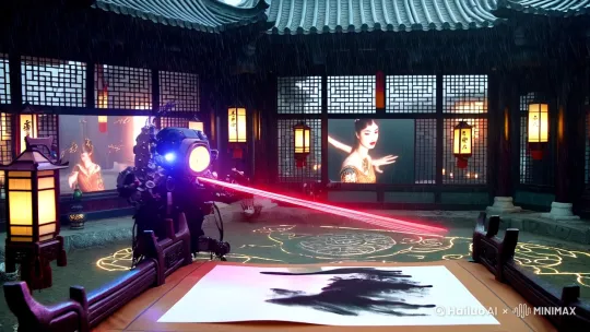 [画面描述]  
暴雨中的赛博徽派庭院，量子灯笼在飞檐下频闪，全息仕女图在宣纸与LED屏间闪烁。画师机械义眼投射红色扫描线，毛笔落墨时墨点悬浮成DNA螺旋，窗棂倒影中美人手指长出齿轮关节。

[技术参数]  
--ar 21:9 --style "cyber_ink" --chaos 75  
&mechanical=0.3&biolum=0.6  
seed=8864  

[转场指令]  
当墨滴即将触纸时，冻结画面并添加「墨迹放射光效」，下镜头从光效中心切入。 by Hailuo AI Video Generator